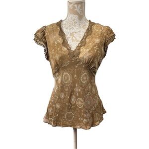 Y2K Gap 100% Silk Babydoll Ruffle Sleeve Top Size Large Print Fairy Lace Trim